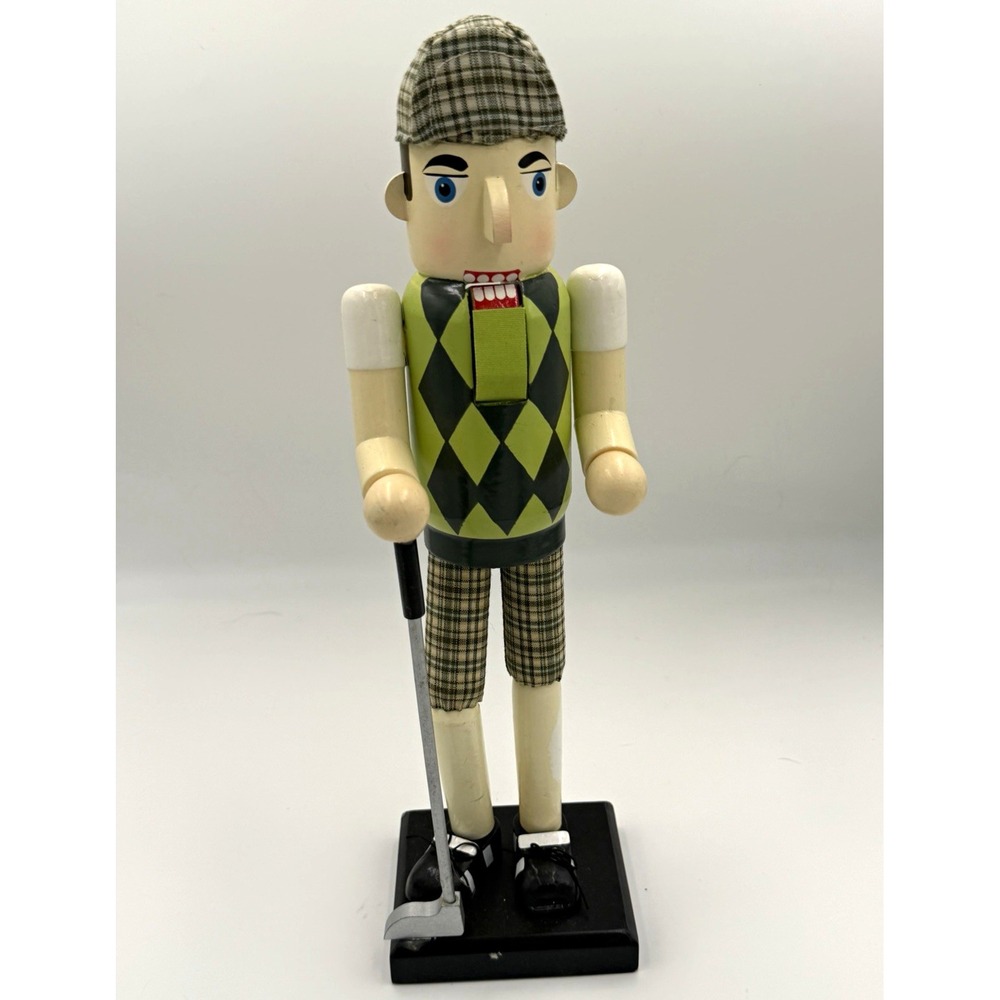 Wooden Golfer Nutcracker Figure Golf Club Argyle Plaid Cap Sports Decor
